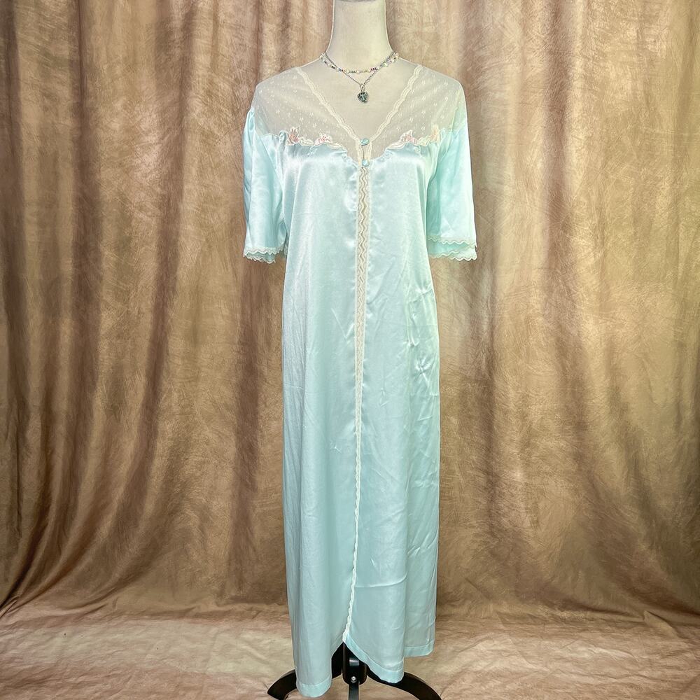 Vintage Satin Robe 90s Open Front Floral Mesh Short Sleeve Blue Romantic Pinup